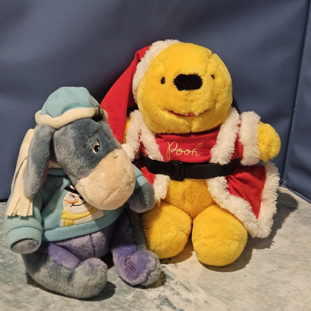 Vintage Sears Winnie the Pooh Santa & Disney Store Eeyore Snowman Plush Lot